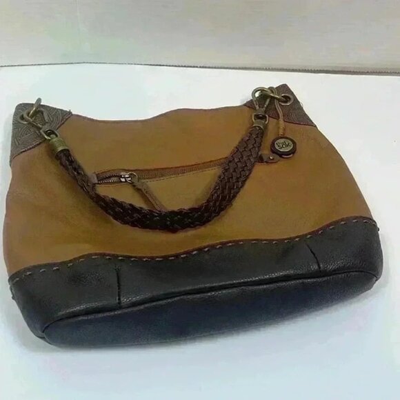 The Sak Leather Two Tone Shoulder Bag Braided Strap‎ Brass Hardware Purse - Picture 10 of 12